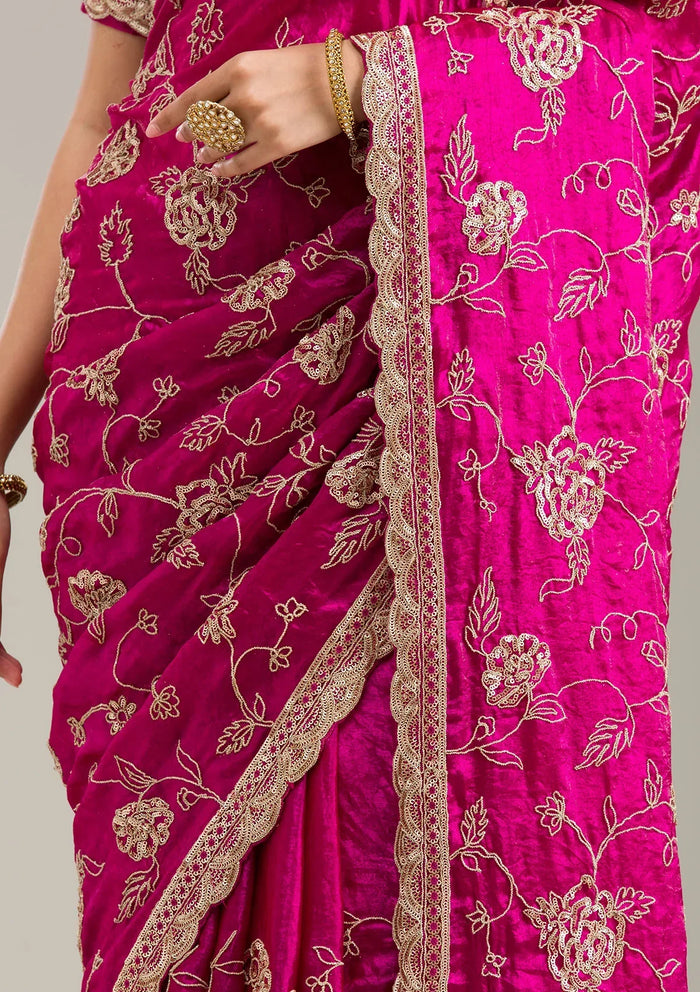 Fashion Cave Magenta Pink Cording Chinon Saree