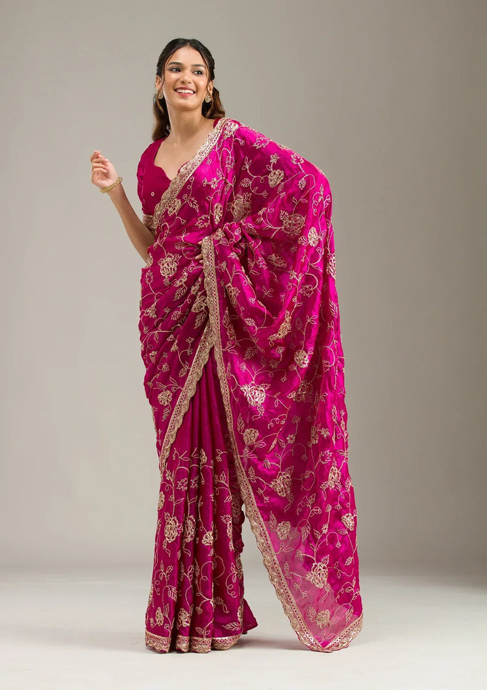 Fashion Cave Magenta Pink Cording Chinon Saree