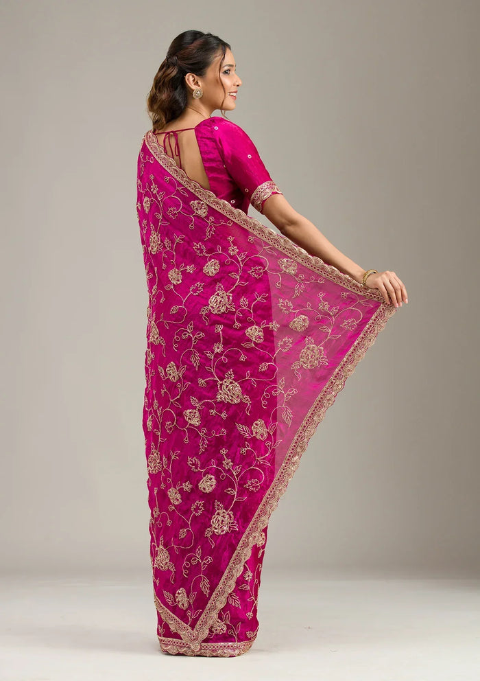 Fashion Cave Magenta Pink Cording Chinon Saree