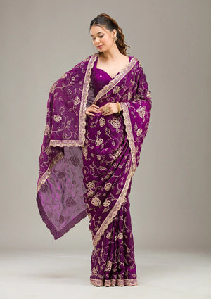 Fashion Cave Purple Kashmiri Georgette Saree