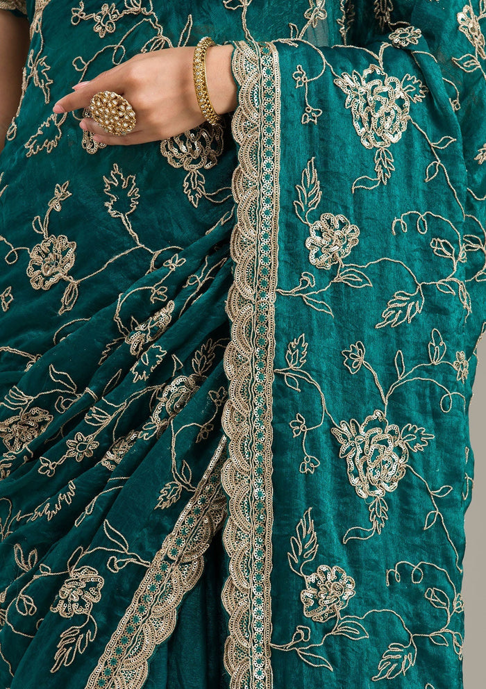 Fashion Cave Rama Green Cording Chinon Saree