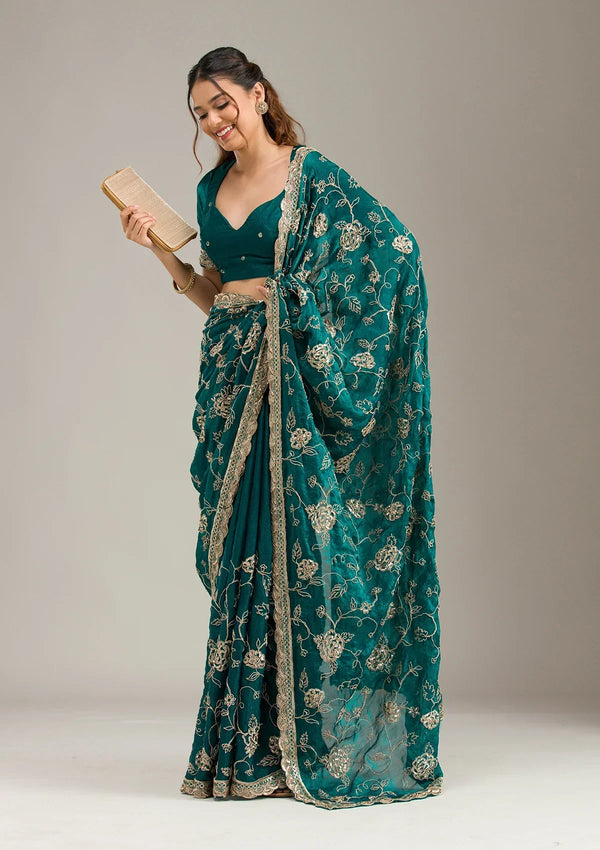 Fashion Cave Rama Green Cording Chinon Saree