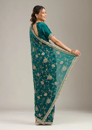 Fashion Cave Rama Green Cording Chinon Saree