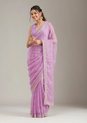 Fashion Cave Lavender Stonework Soft Raw Silk Saree