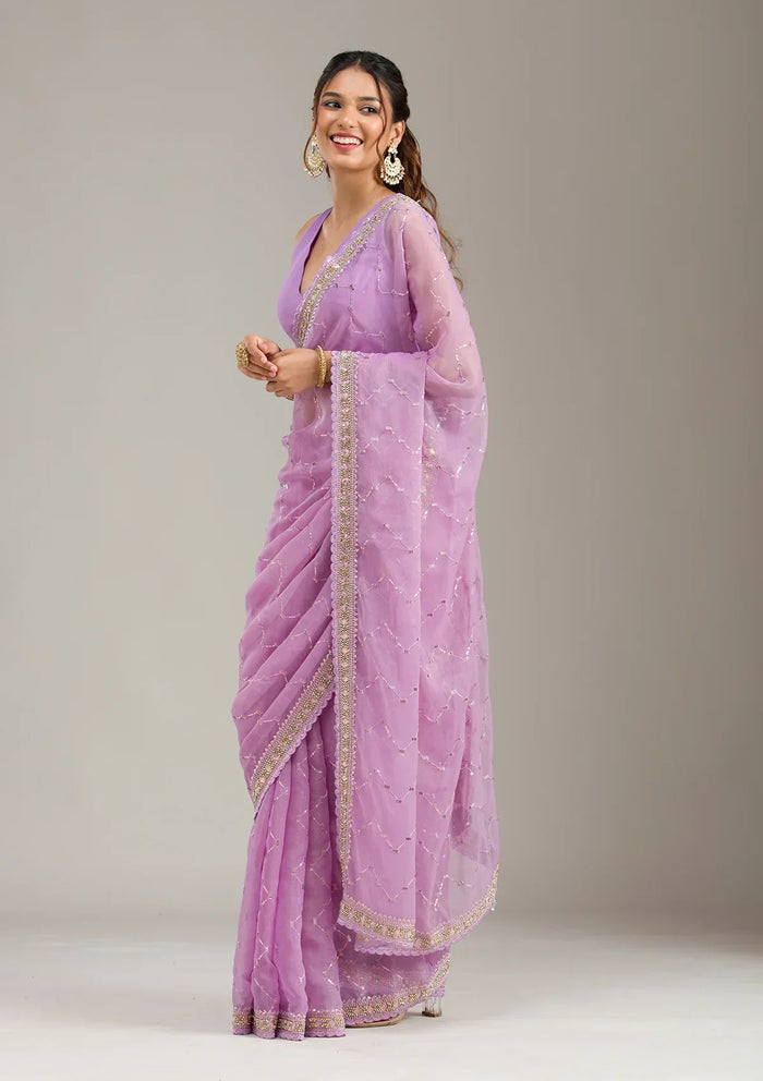 Fashion Cave Lavender Stonework Soft Raw Silk Saree