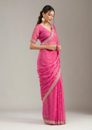 Fashion Cave Pink Stonework (Gold) Tissue Saree