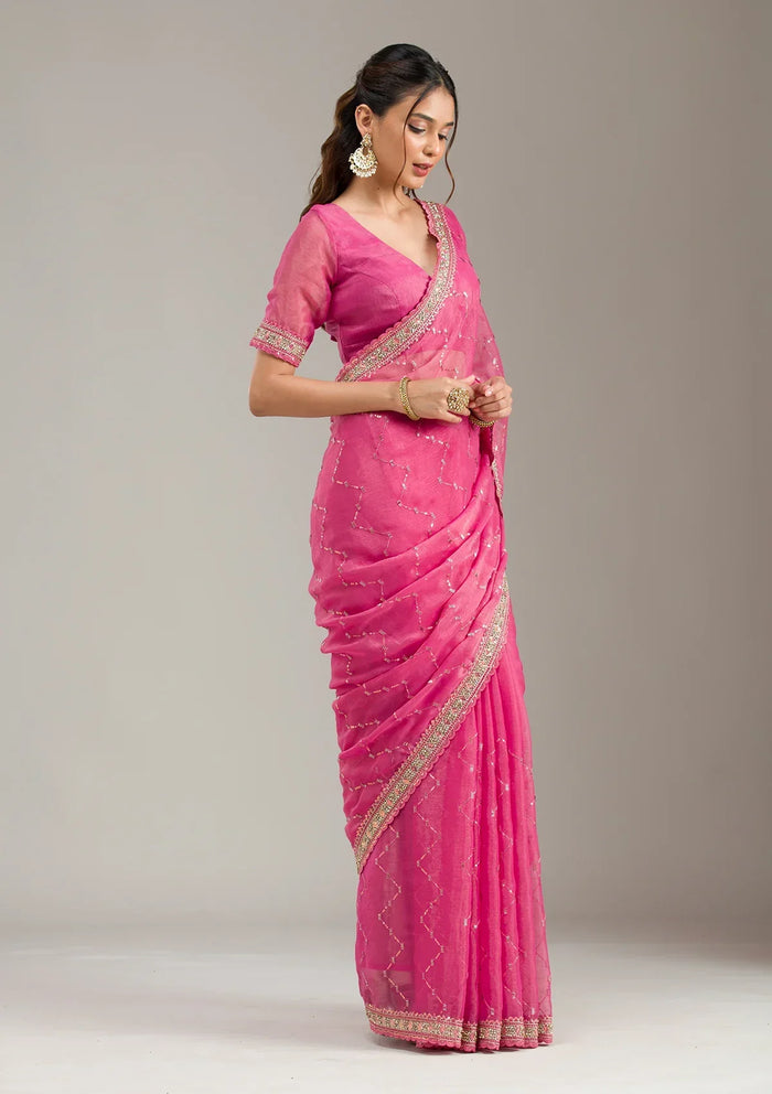 Fashion Cave Pink Stonework (Gold) Tissue Saree