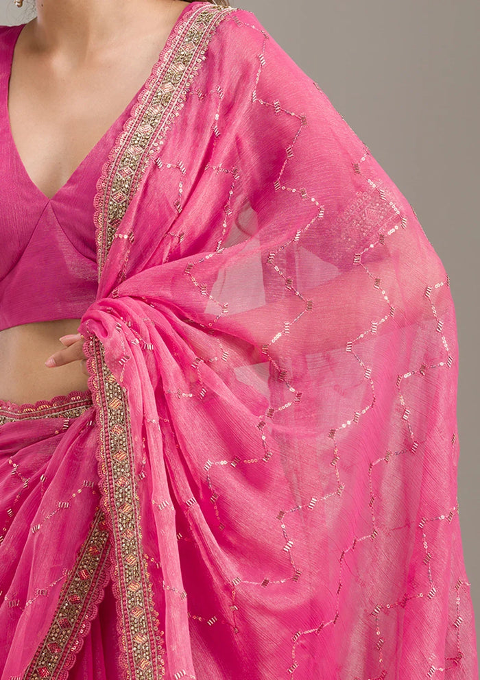 Fashion Cave Pink Stonework (Gold) Tissue Saree