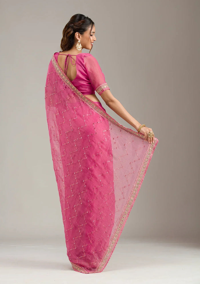 Fashion Cave Pink Stonework (Gold) Tissue Saree