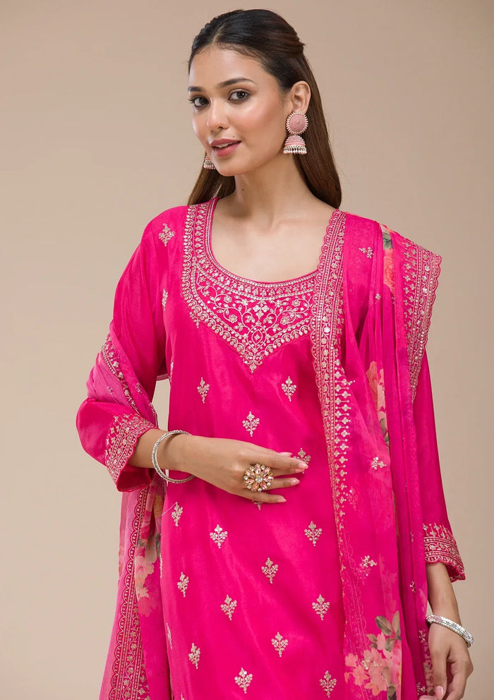 Fashion Cave Magenta Pink Zariwork (Gold) Chinon Readymade salwar suit