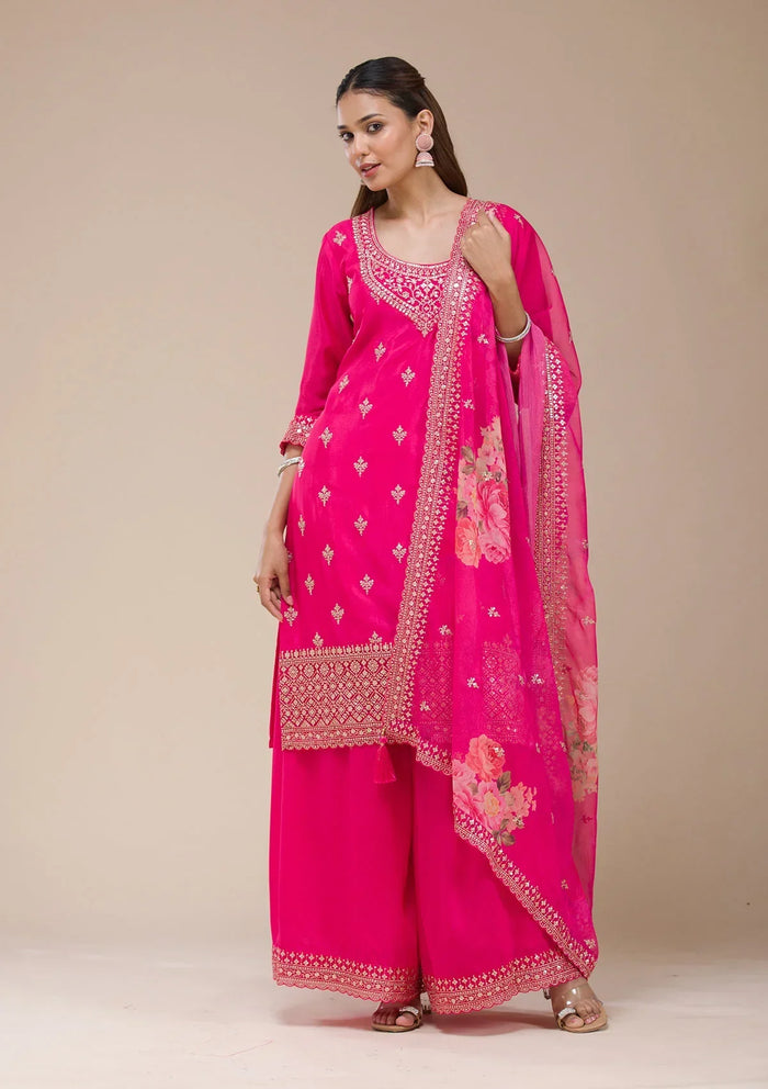 Fashion Cave Magenta Pink Zariwork (Gold) Chinon Readymade salwar suit