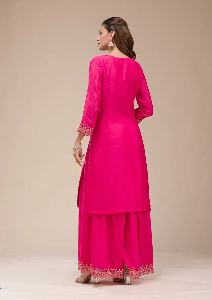 Fashion Cave Magenta Pink Zariwork (Gold) Chinon Readymade salwar suit