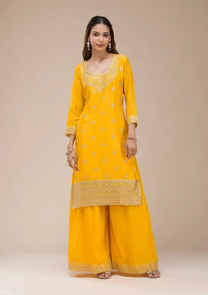Fashion Cave Mustard Yellow Zariwork (Gold) Chinon Readymade salwar suit