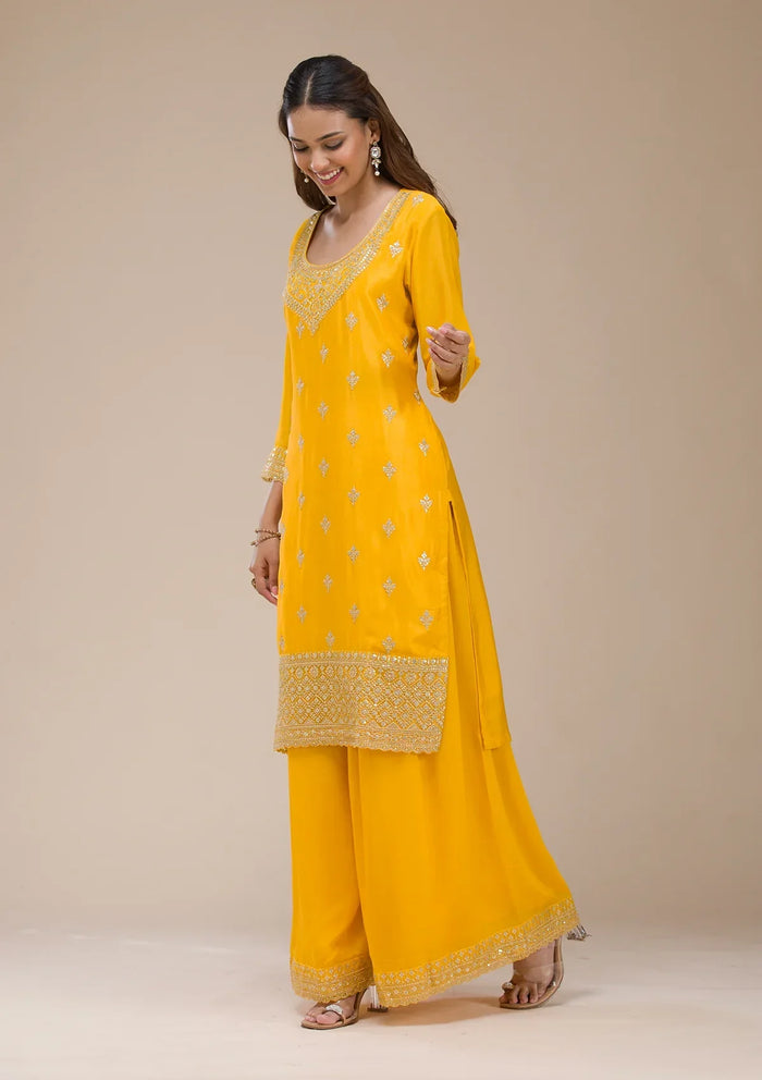 Fashion Cave Mustard Yellow Zariwork (Gold) Chinon Readymade salwar suit