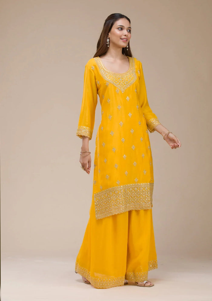 Fashion Cave Mustard Yellow Zariwork (Gold) Chinon Readymade salwar suit