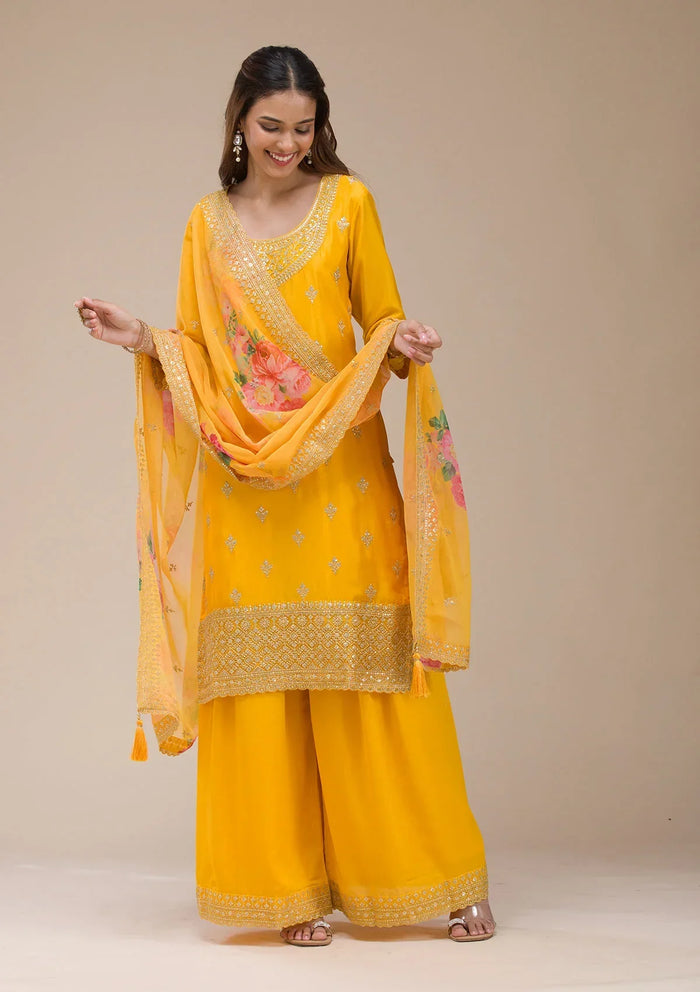 Fashion Cave Mustard Yellow Zariwork (Gold) Chinon Readymade salwar suit
