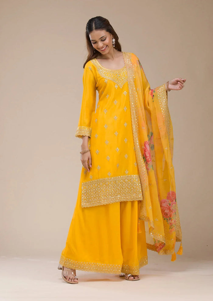 Fashion Cave Mustard Yellow Zariwork (Gold) Chinon Readymade salwar suit