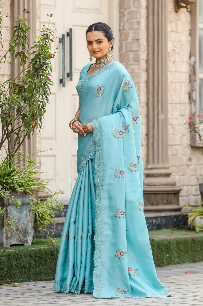 Blue Women's Designer Party Wear Pure Tussar Cotton Dobby Saree
