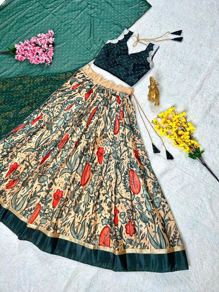 Beautifully Full Stitched Kalamkari Designer Lehenga Choli with Dupatta.