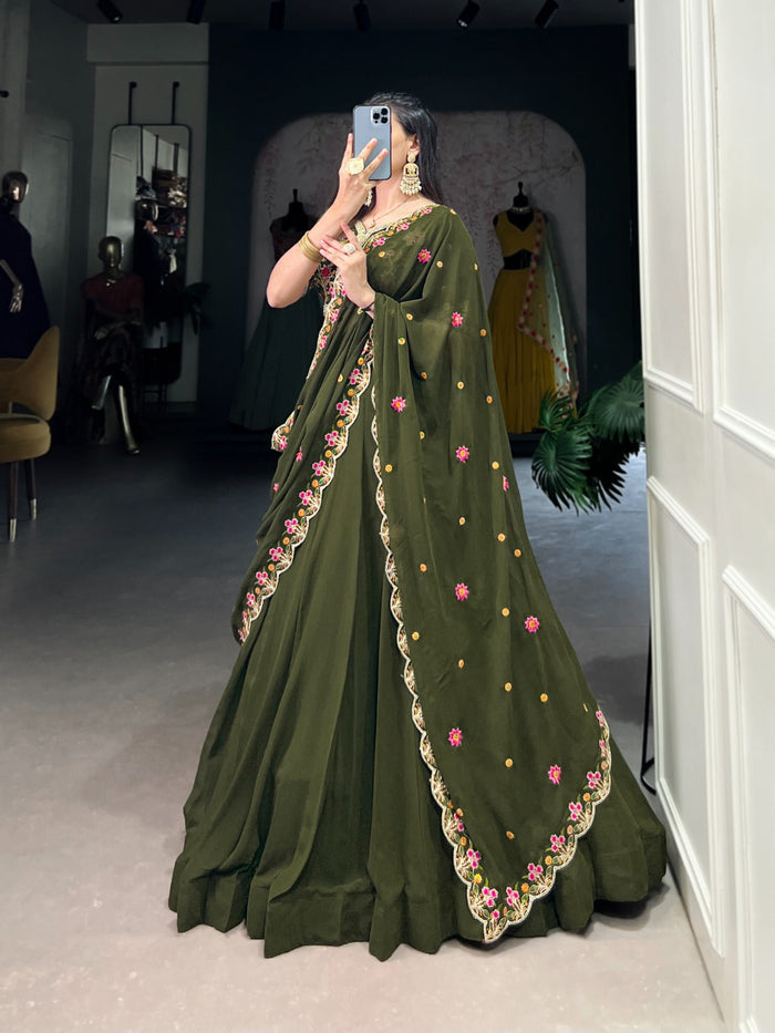 Fashion Cave Mehandi Color Sequins and Thread Embroidery Work Lehenga Choli