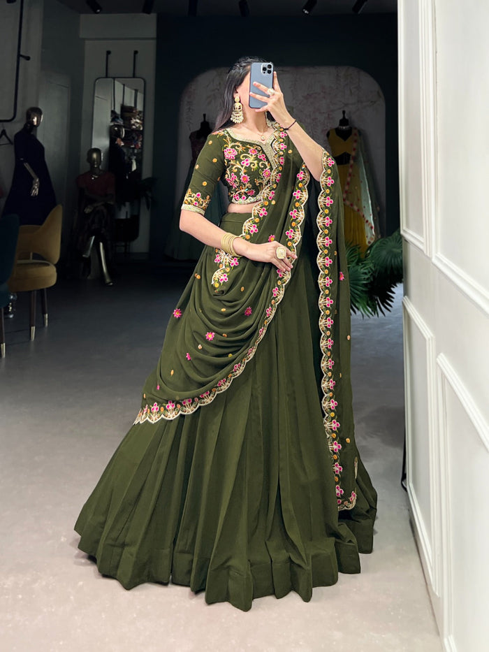 Fashion Cave Mehandi Color Sequins and Thread Embroidery Work Lehenga Choli