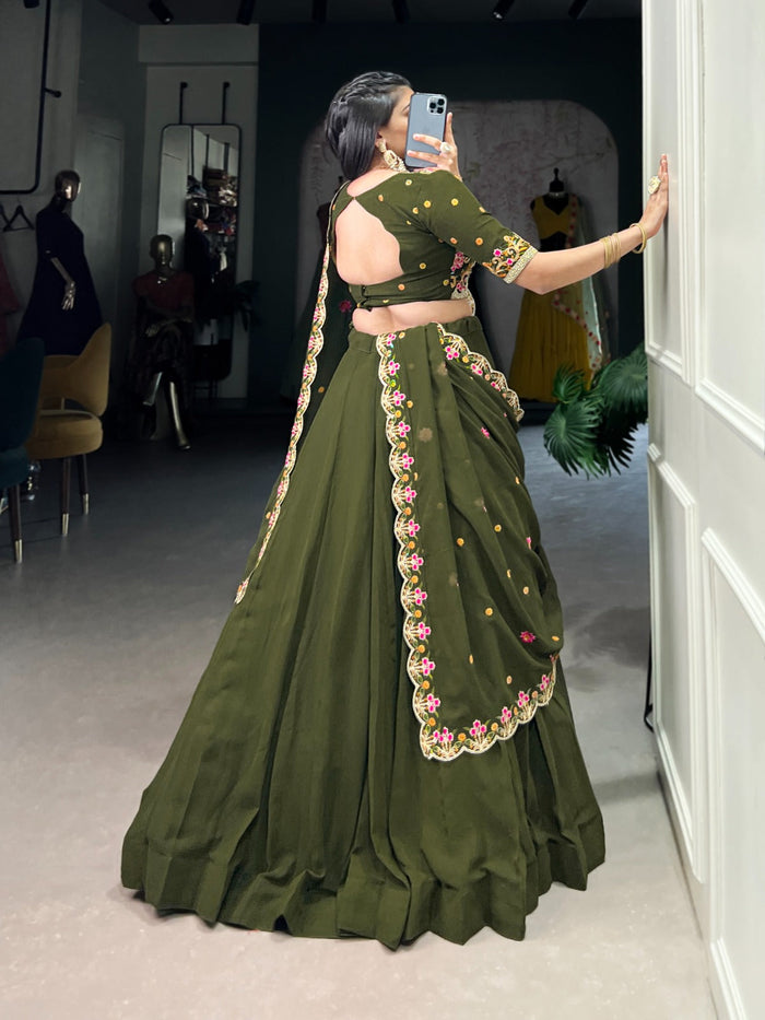 Fashion Cave Mehandi Color Sequins and Thread Embroidery Work Lehenga Choli
