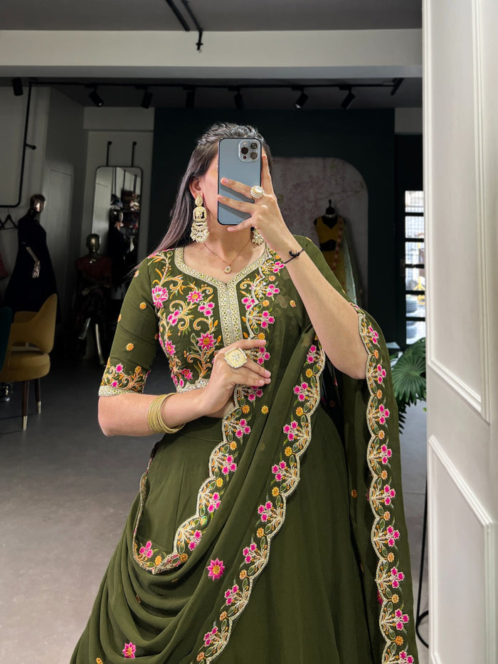 Fashion Cave Mehandi Color Sequins and Thread Embroidery Work Lehenga Choli