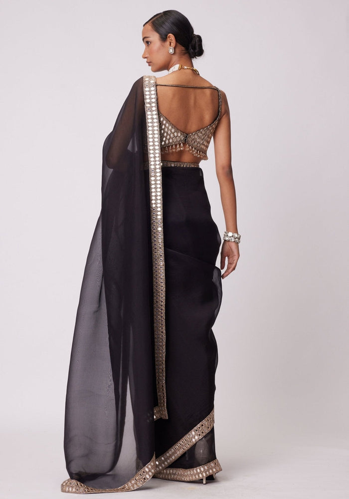Beautiful Black satin silk With Embroidery Lace and Real Mirror Blouse