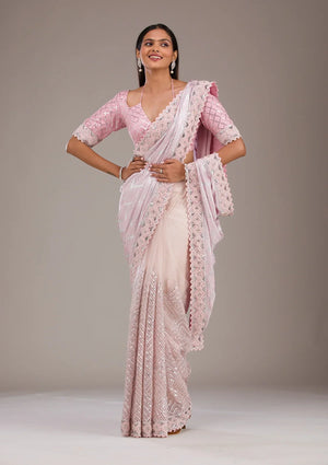 Fashion Cave Baby Pink Sequins Semi Crepe Saree
