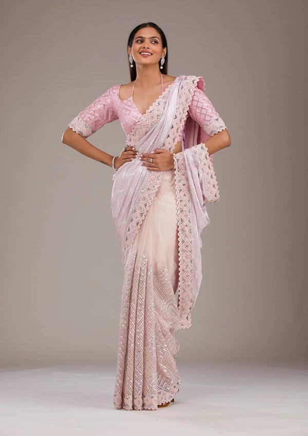 Fashion Cave Baby Pink Sequins Semi Crepe Saree