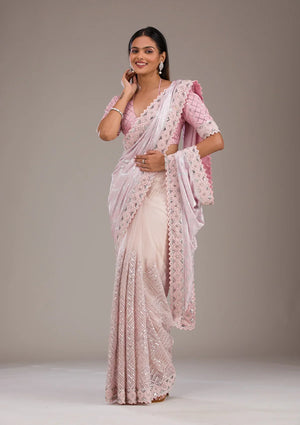 Fashion Cave Baby Pink Sequins Semi Crepe Saree