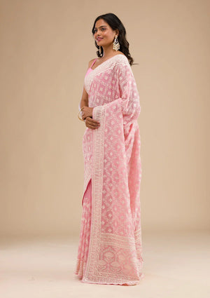 Fashion Cave Baby Pink Threadwork Georgette Saree
