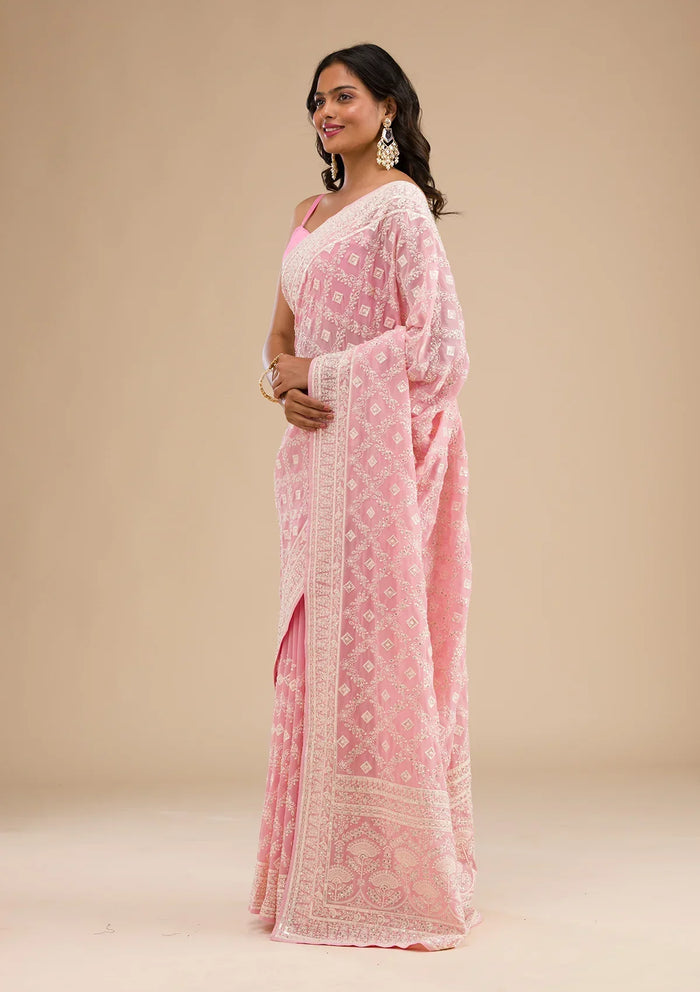 Fashion Cave Baby Pink Threadwork Georgette Saree