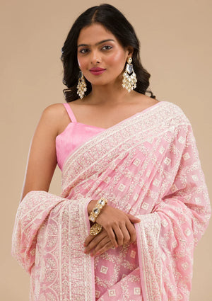 Fashion Cave Baby Pink Threadwork Georgette Saree