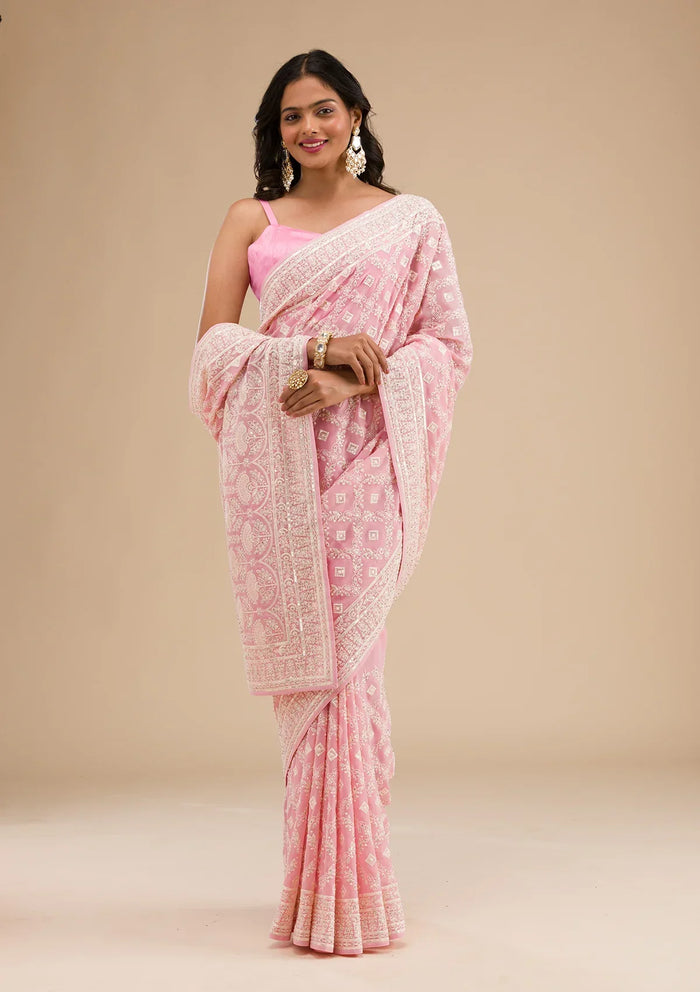 Fashion Cave Baby Pink Threadwork Georgette Saree
