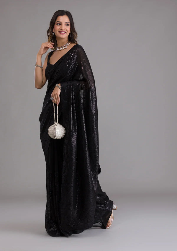 Fashion Cave Black Sequins Georgette Designer Saree