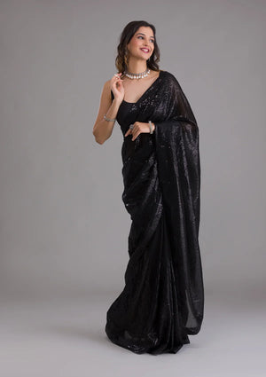 Fashion Cave Black Sequins Georgette Designer Saree