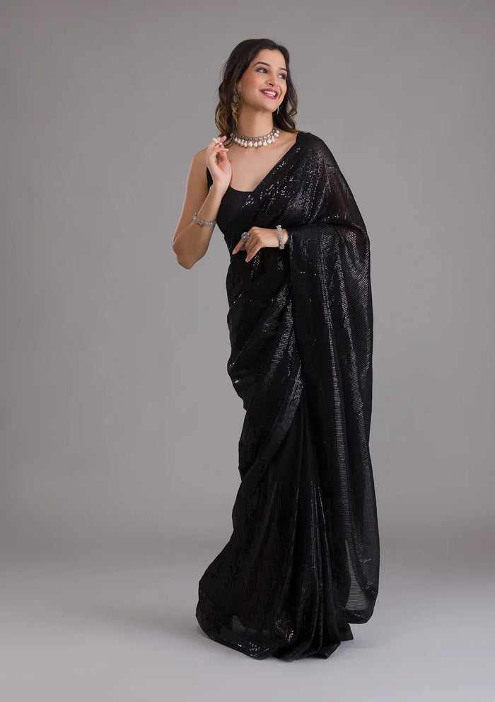 Fashion Cave Black Sequins Georgette Designer Saree