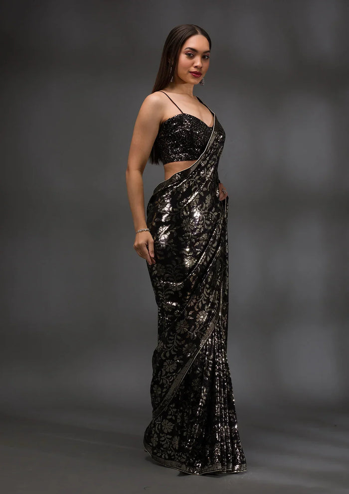 Fashion Cave Black Sequins Georgette Saree