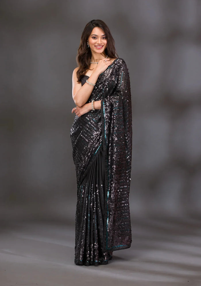 Fashion Cave Black Sequins Georgette Saree