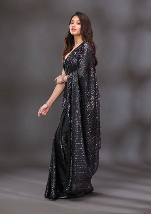 Fashion Cave Black Sequins Georgette Saree