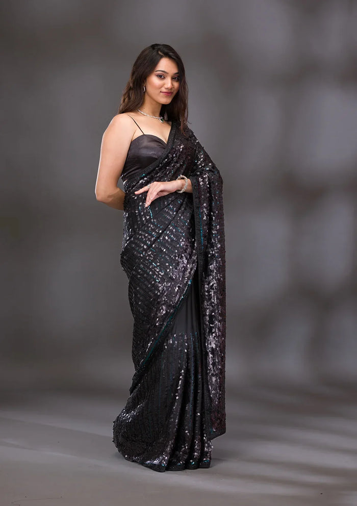 Fashion Cave Black Sequins Georgette Saree