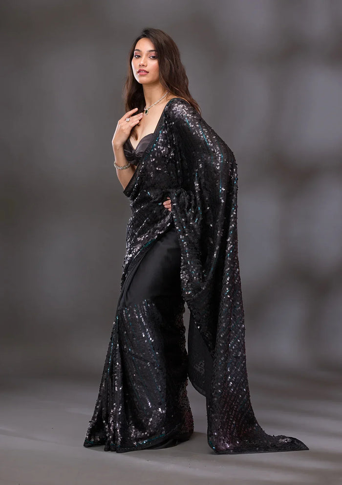 Fashion Cave Black Sequins Georgette Saree