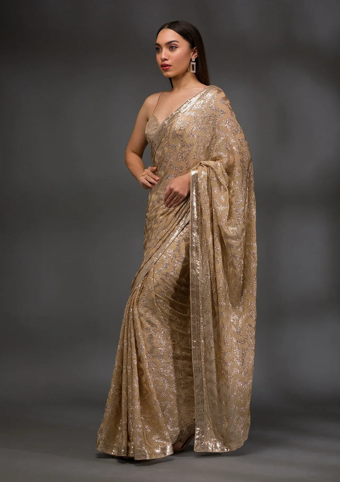 Fashion Cave Gold Sequins Georgette Saree