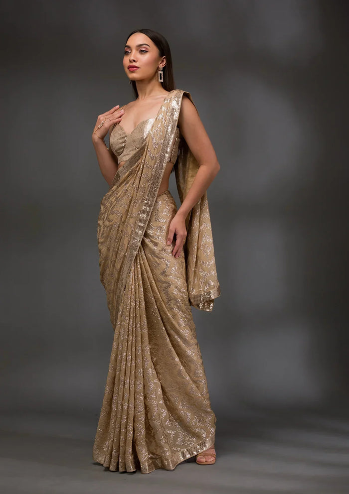 Fashion Cave Gold Sequins Georgette Saree