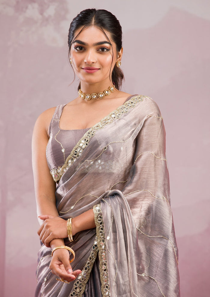 Fashion Cave Grey Mirrorwork Tissue Saree