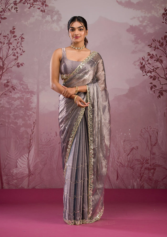 Fashion Cave Grey Mirrorwork Tissue Saree