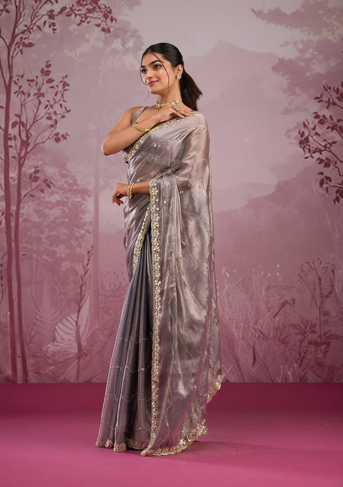 Fashion Cave Grey Mirrorwork Tissue Saree