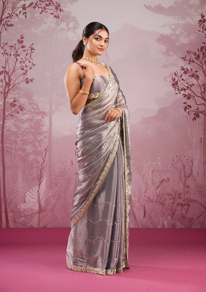 Fashion Cave Grey Mirrorwork Tissue Saree