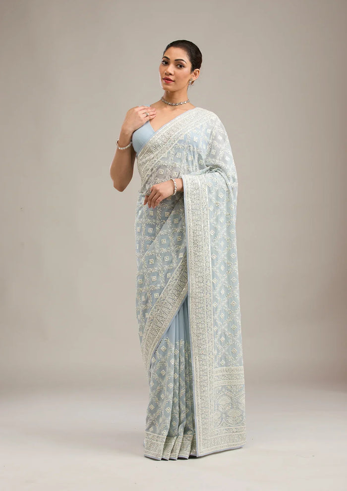 Fashion Cave Grey Threadwork Georgette Saree